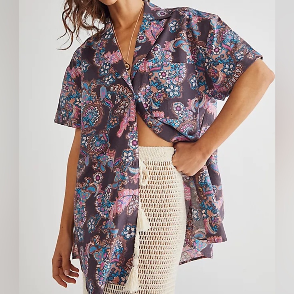 Free People Short-Sleeve Paisley Button-Down in Purple and Pink Accents